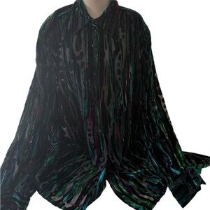 Vintage Bob Mackie Black Velvet Burnout Blouse with Teal, Green & Purple Accents
